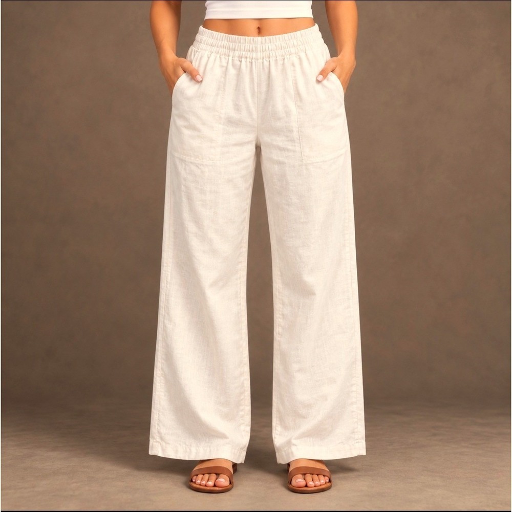 Old Navy Wide Leg Pants Small Cream Good Airy Linen Blend Comfort Waistband
